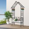 Metal Garden Arch with Bench Turned into Flower Stand W58.07*H97.24 Climbing Plants Support Rose Arch Outdoor Black